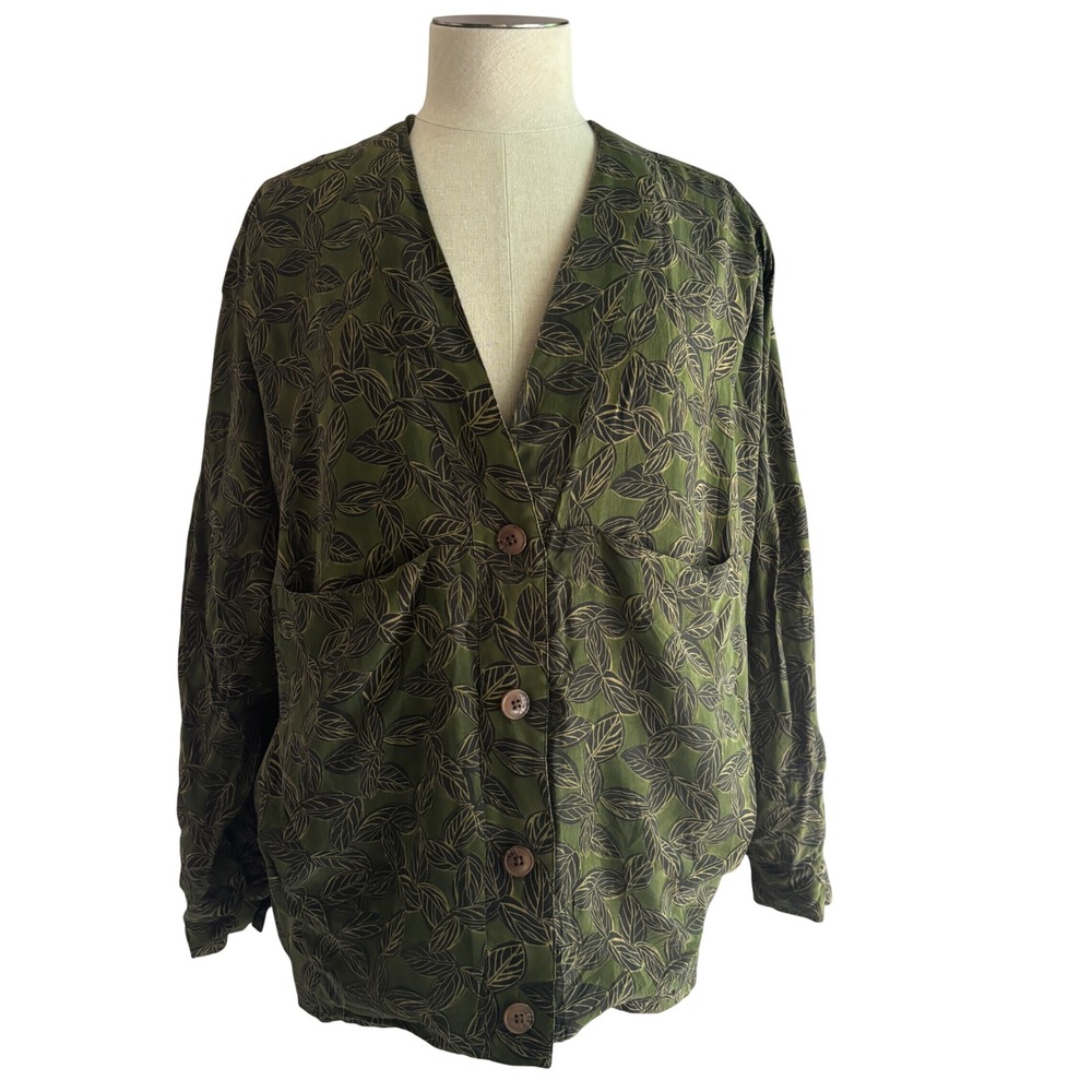 Linda Allard Ellen Tracy Jacket Women S Green‎ Leaf Print 100% Silk Boho Classic